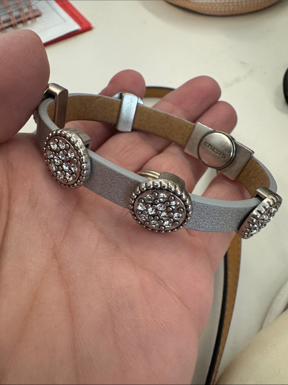 Chico's Silver Leather Bracelet with Crystal Button Accents